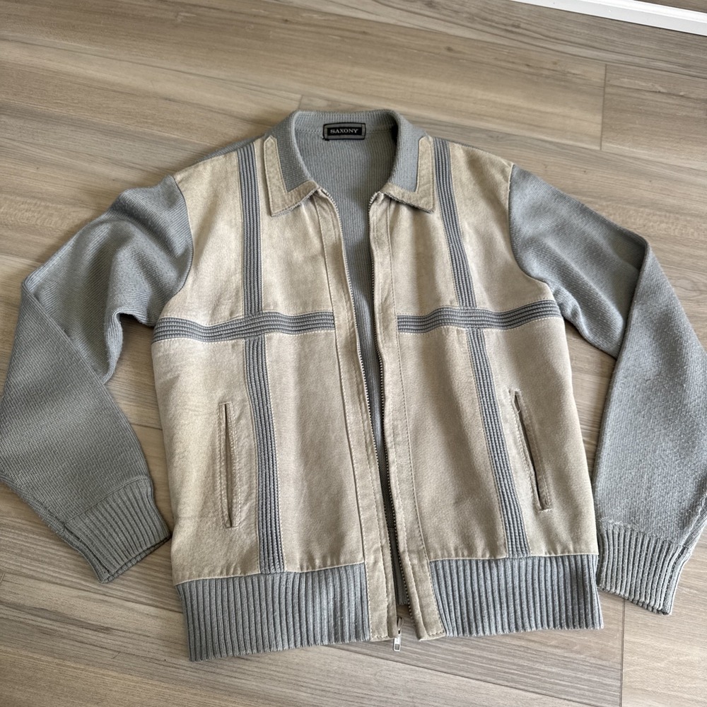 Vintage Saxony Men's Gray Acrylic & Leather Sweater‎ Jacket L Made Hong Kong